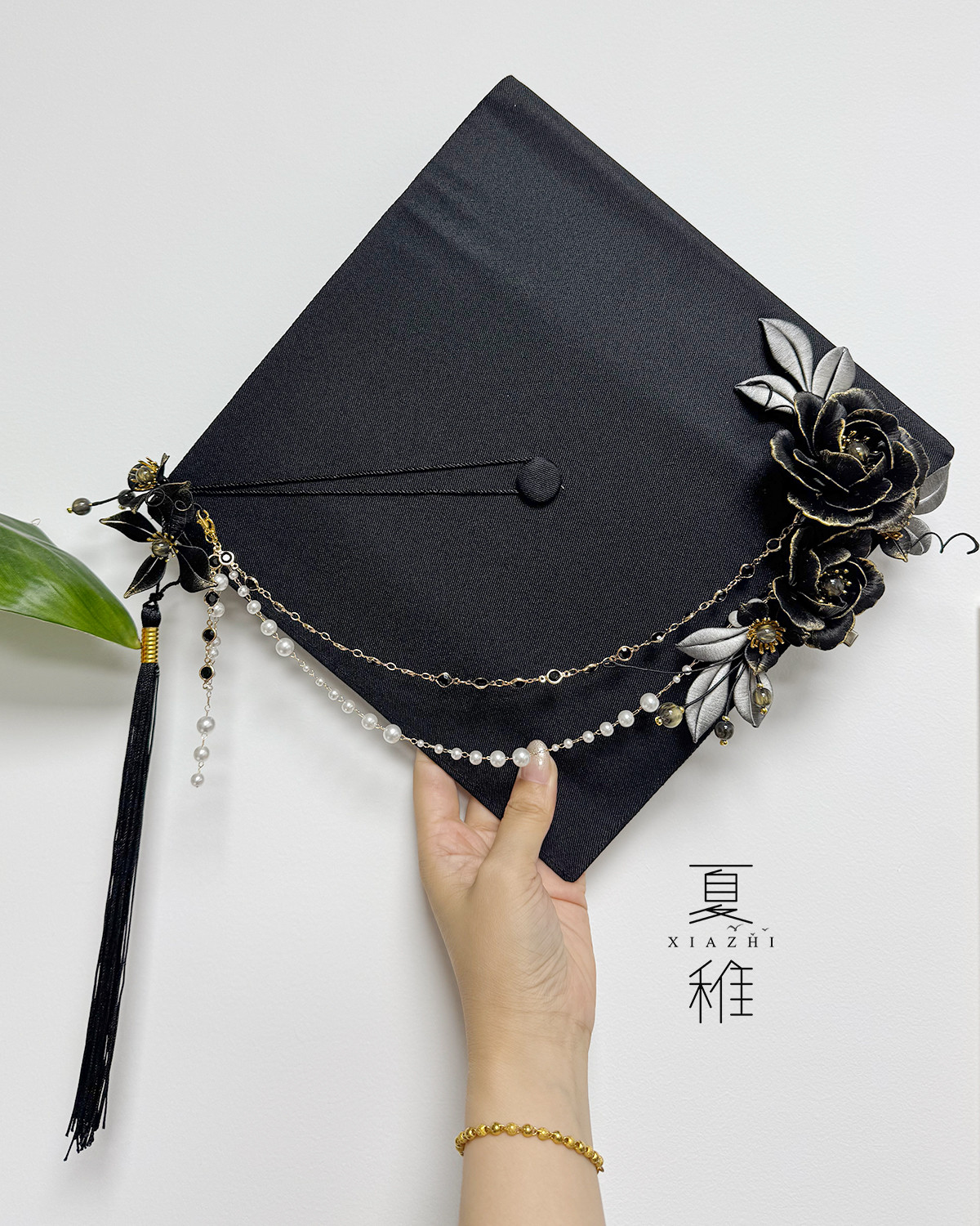 原创手作非遗缠花黑金牡丹花流苏蝴蝶挂饰学士帽硕士帽毕业帽