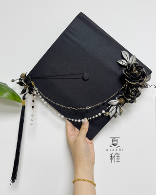 原创手作非遗缠花黑金牡丹花流苏蝴蝶挂饰学士帽硕士帽毕业帽