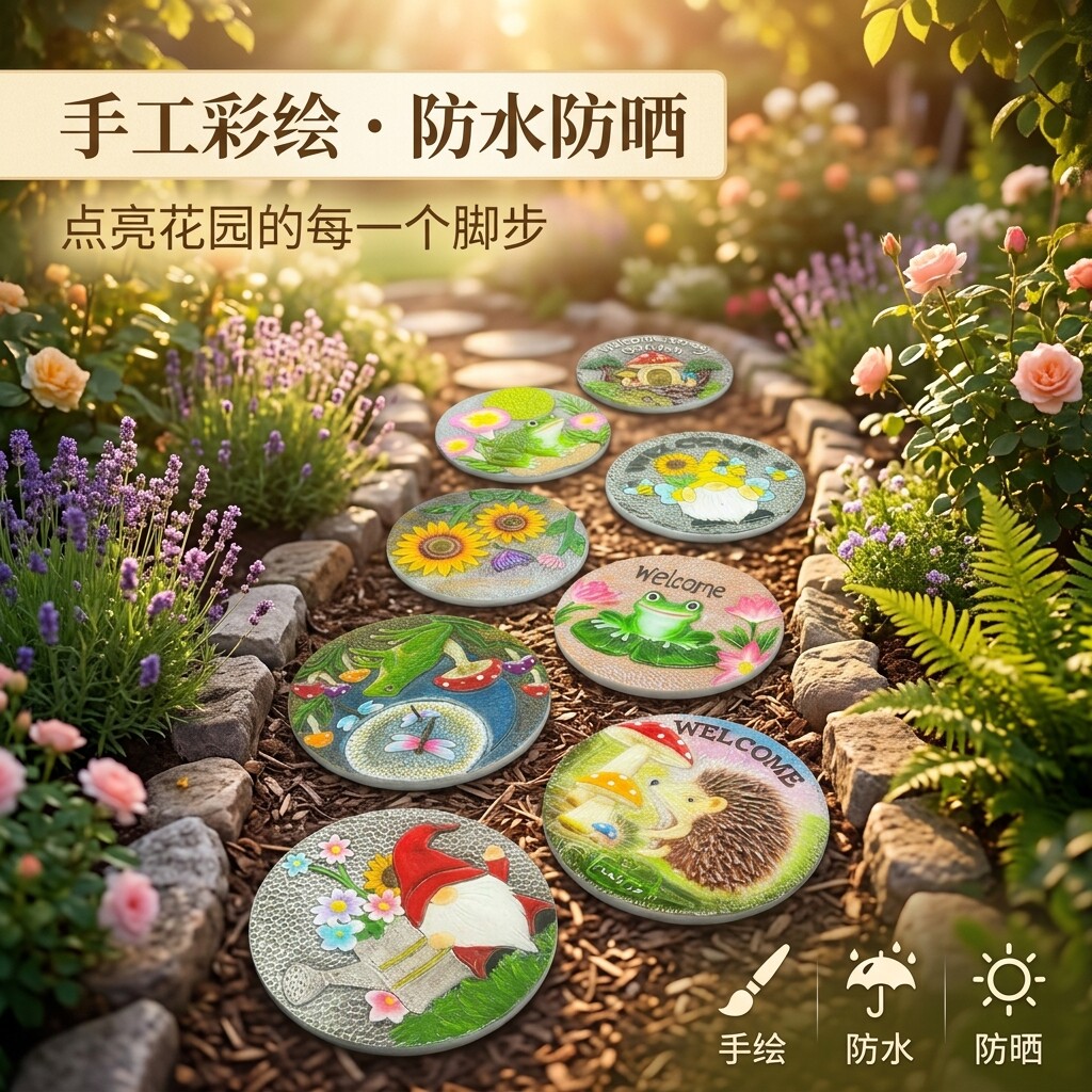 手工彩绘花园脚踏石套装户外草坪小矮人青蛙图案防水耐磨庭院地砖