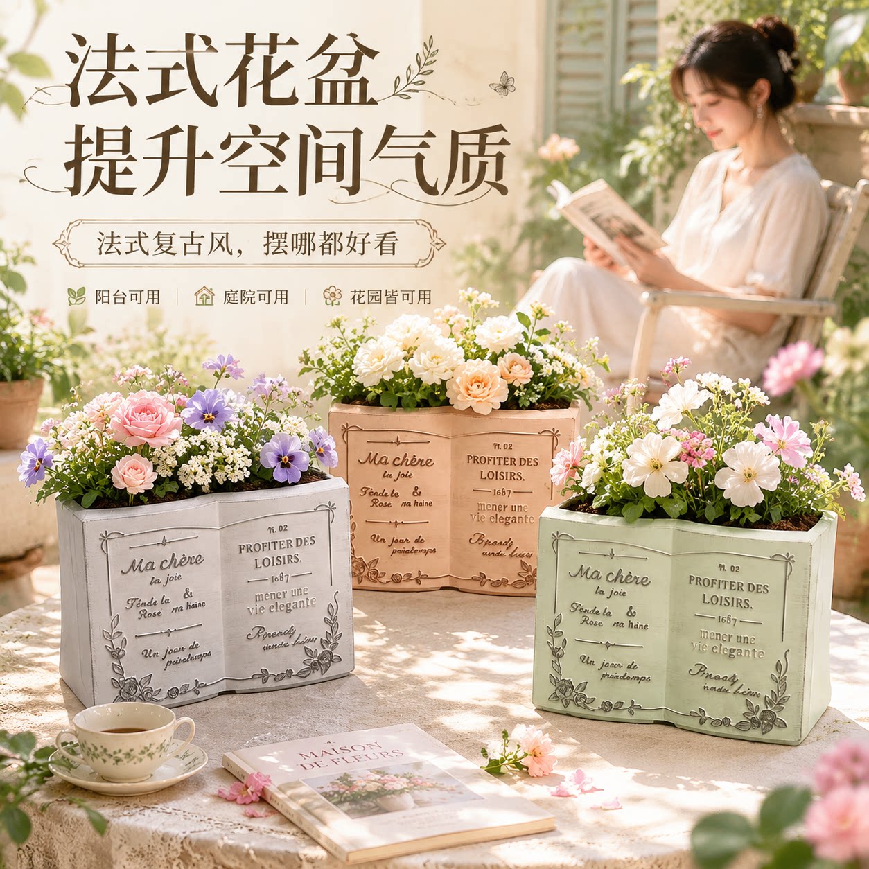 法式复古做旧书本花盆收纳摆件