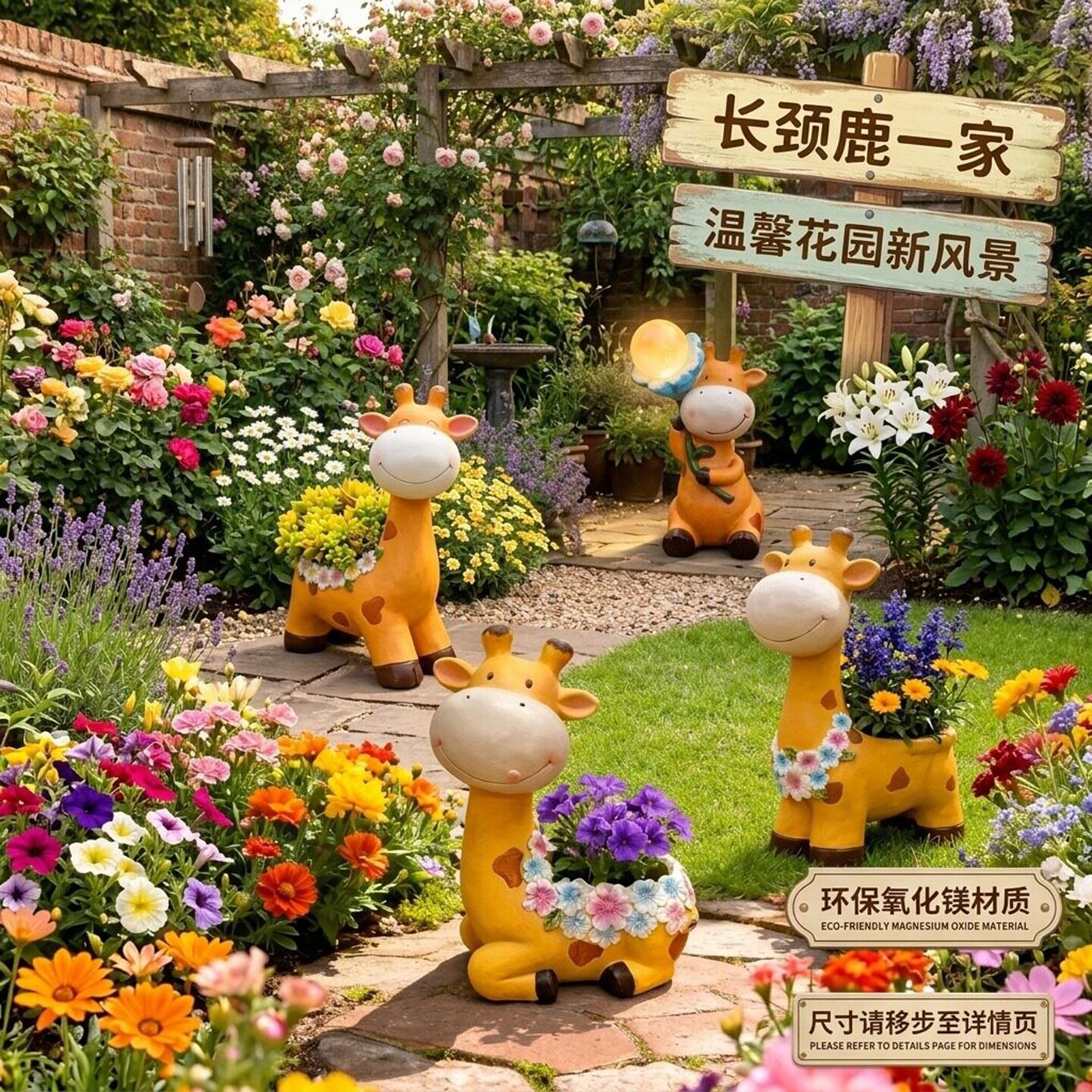 可爱卡通长颈鹿一家四口花盆摆件图片