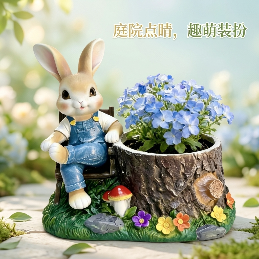 摇椅兔树脂花盆可爱兔子造型多肉花盆阳台花园布置童话风微景观