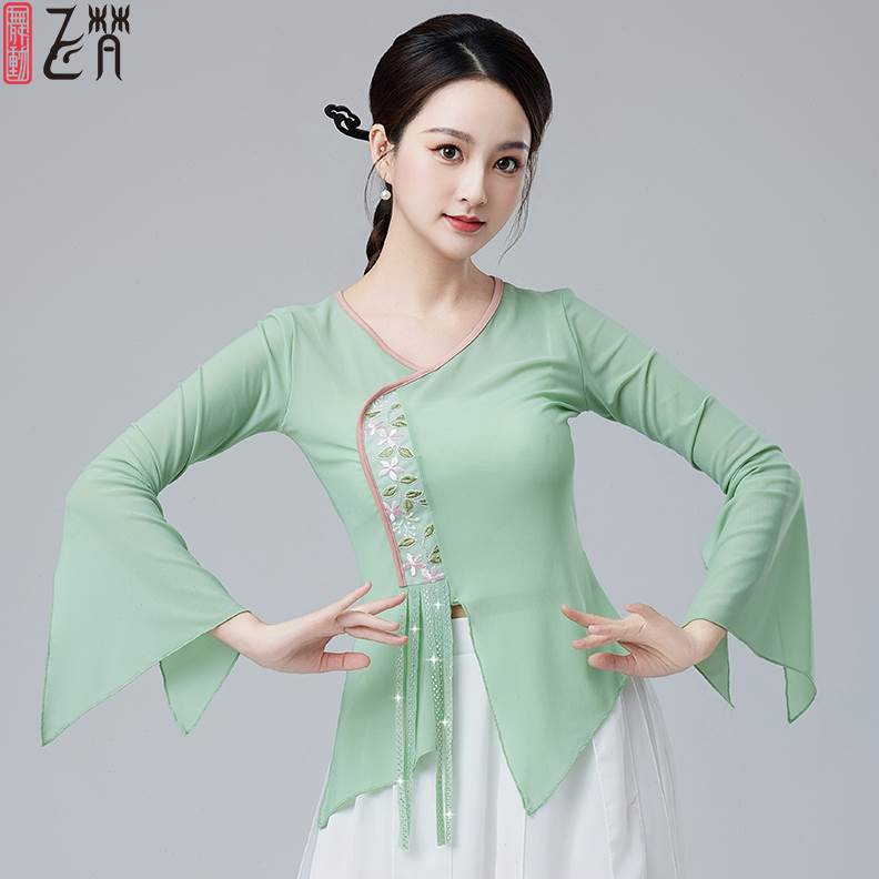 舞動飛梵古典舞身韻練功服女女上衣藝考彈力舞蹈服裝網(wǎng)紗燙鉆刺繡