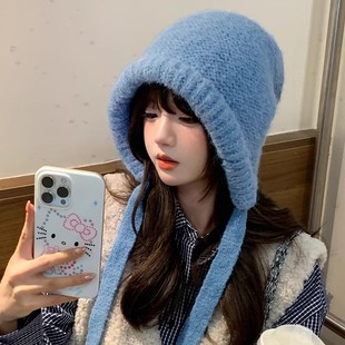 2024年新款 保暖针织帽毛线帽大头围帽子 蓝色巴拉克拉法帽女秋冬季