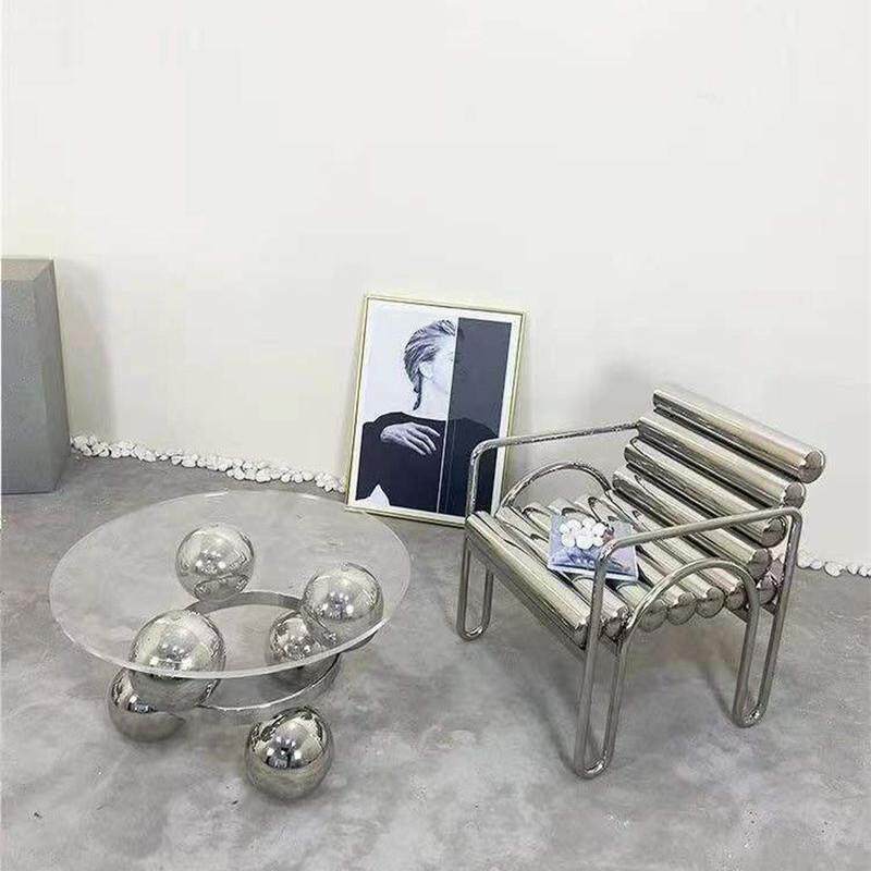 2026不锈钢凳子椅子简约玻璃茶几亚克力桌子金属设计边几组装多球