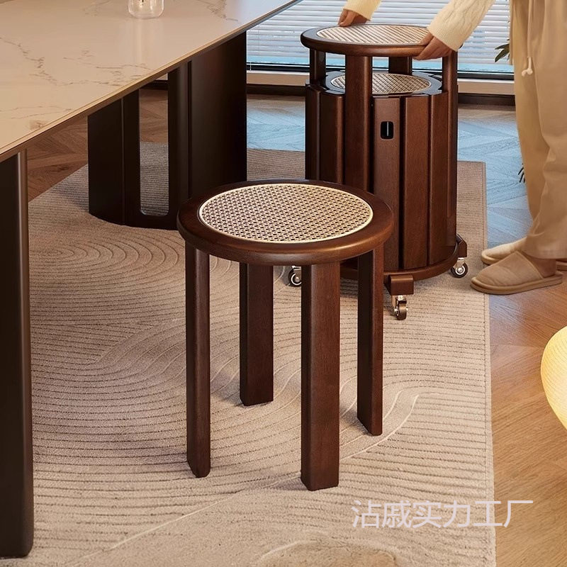 实木凳子家用可叠放备用餐桌板凳创意圆凳中古风藤编叠叠乐组合凳