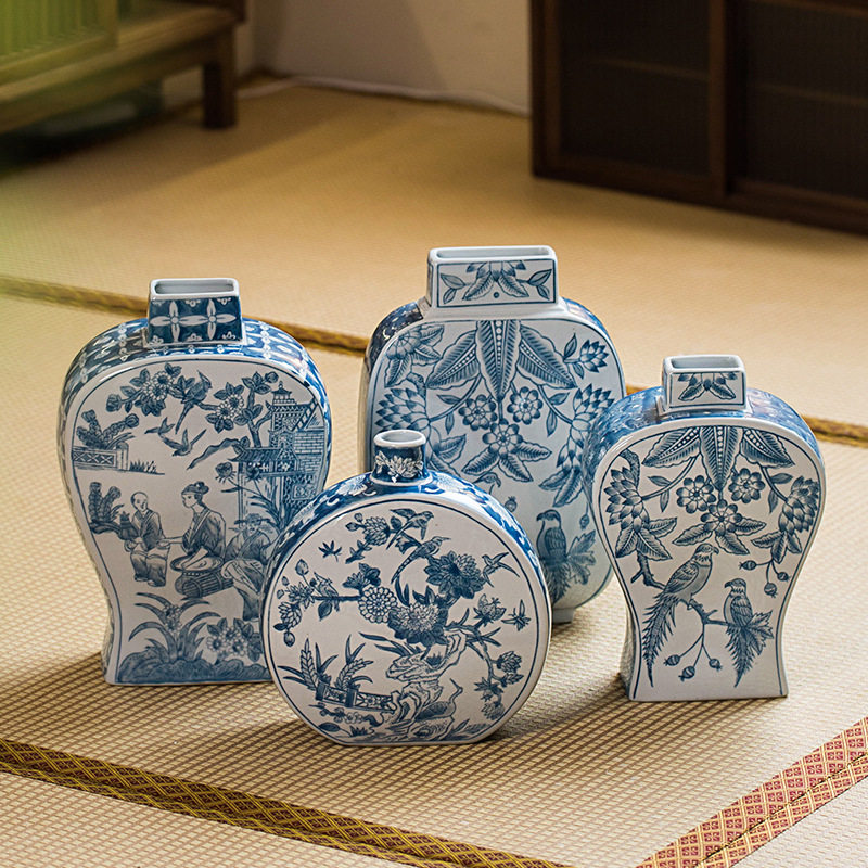 雨彤新品新中式花瓶玄关摆件青花瓷水墨彩瓷花瓶摆件高级感可水培