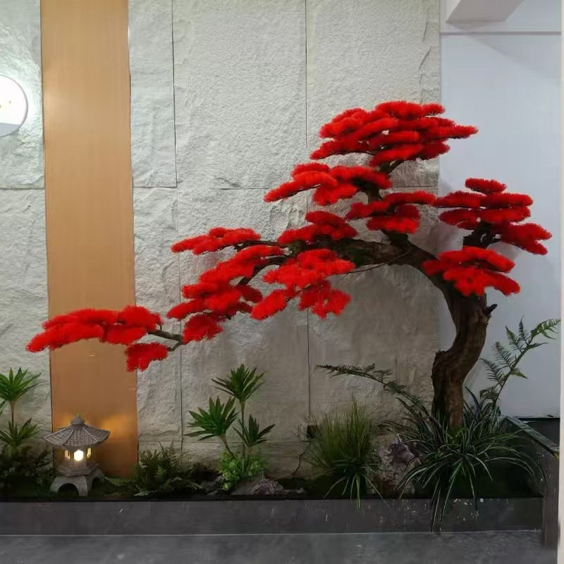 仿真树迎客松红色生绿植假树景观植物造景酒店楼梯室内装饰摆件