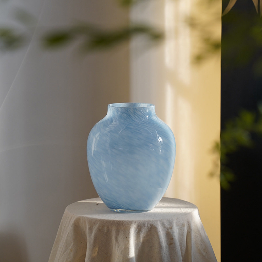 蓝色法式中古玻璃花瓶高级感家居摆件艺术花器水养鲜花玫瑰芍药