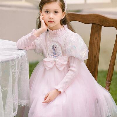 高端艾莎公主裙女秋冬针织爱莎裙子中小童冰雪奇缘小女孩elsa纱裙