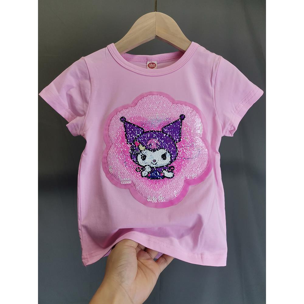 库洛米夏装儿童变色衣服卡通纯棉小童公主风上衣短袖女童亮片t恤