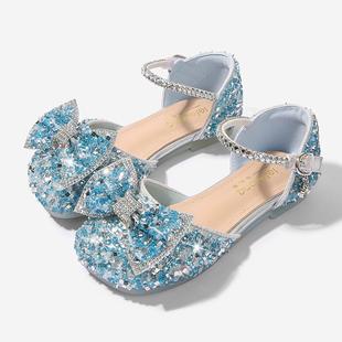 蓝色水晶鞋 小女孩软底凉鞋 2024夏季 儿童包头平底鞋 新款 女童公主鞋