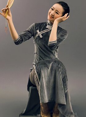 渔光曲古典舞演出服女开叉旗袍永不消逝的电波玩舞蹈服扇子舞表演