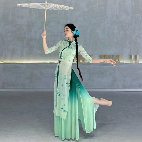 油纸伞舞蹈服装弹力网纱旗袍立春演出服国风练功服烟雨行舟表演服