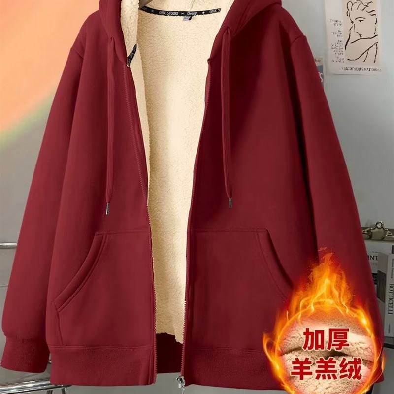 秋冬季羊羔绒外套男重磅加绒加厚男士卫衣黑色上衣青少年连帽开衫