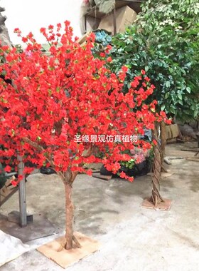 仿真大红色e梅花树腊梅树假梅花树新中式枯山装饰桃花树摆件可定
