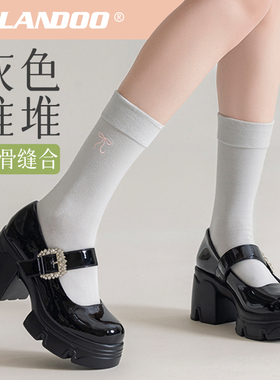 灰色袜子女款中筒袜纯棉2025春秋季无骨堆堆袜芭蕾风蝴蝶结长筒袜