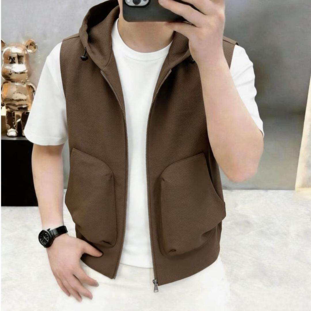 男士夏季大口袋连帽无袖工装马甲