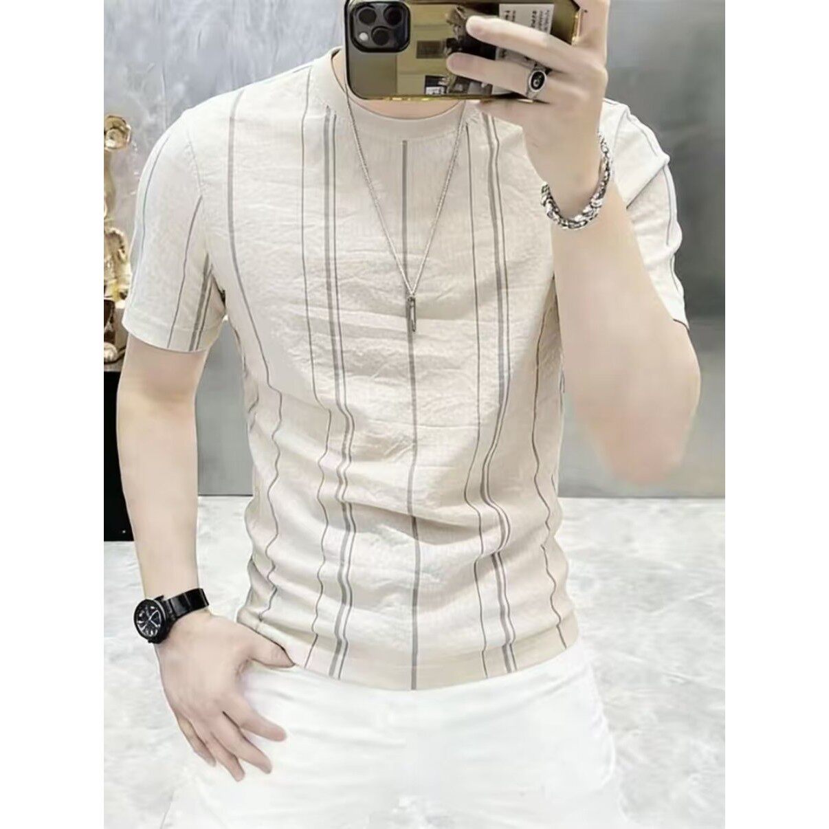 2026夏季新款竖条纹短袖T恤男修身弹力紧身衣圆领时尚半袖上衣潮T