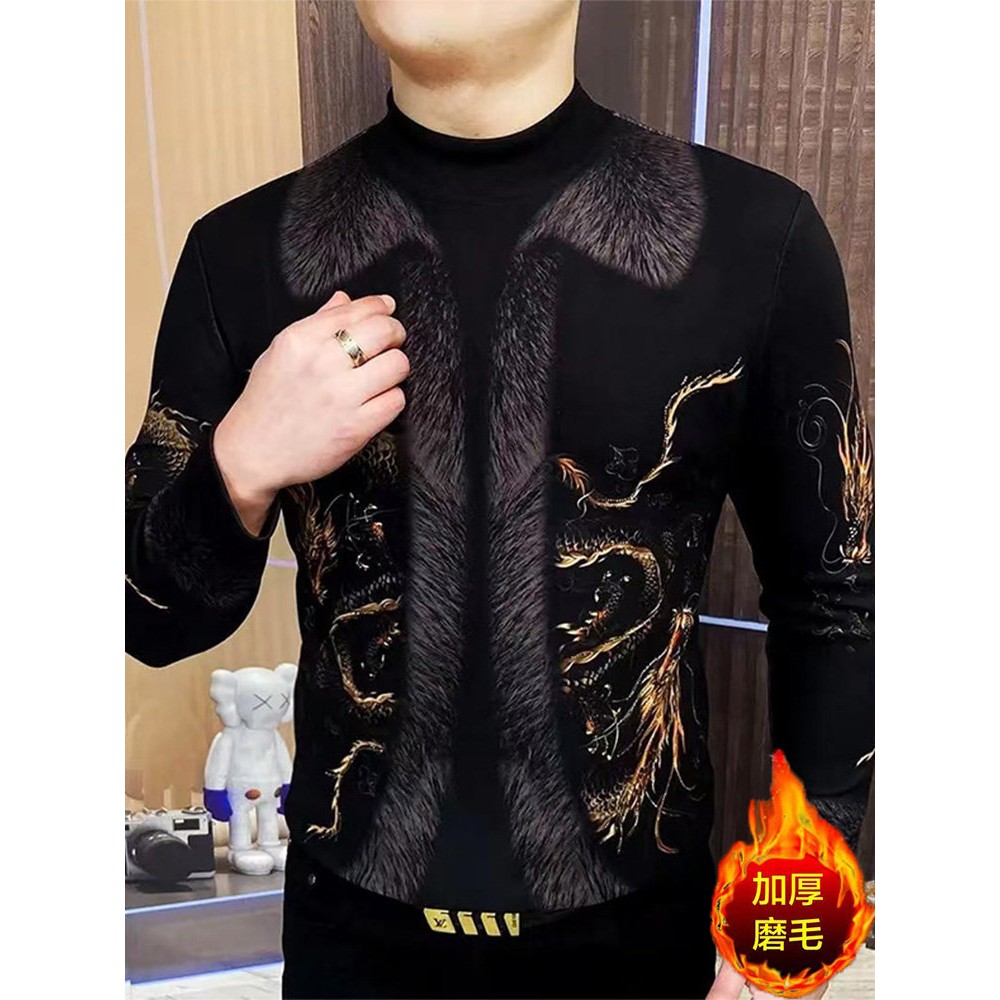 加厚磨毛半高领卫衣男欧货潮牌毛型定位印花体恤痞帅保暖打底衫
