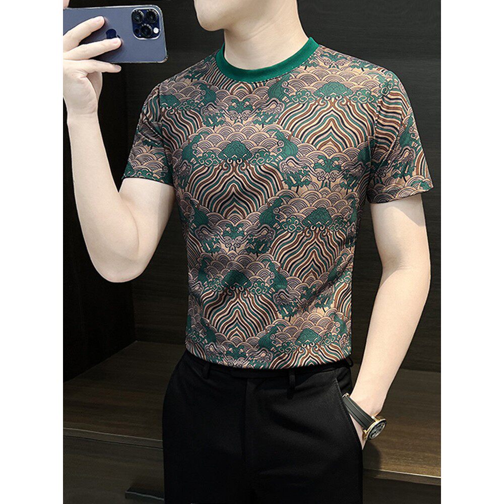 男士花t恤短袖夏季修身2026新款潮牌满身印花冰丝高级感花色上衣