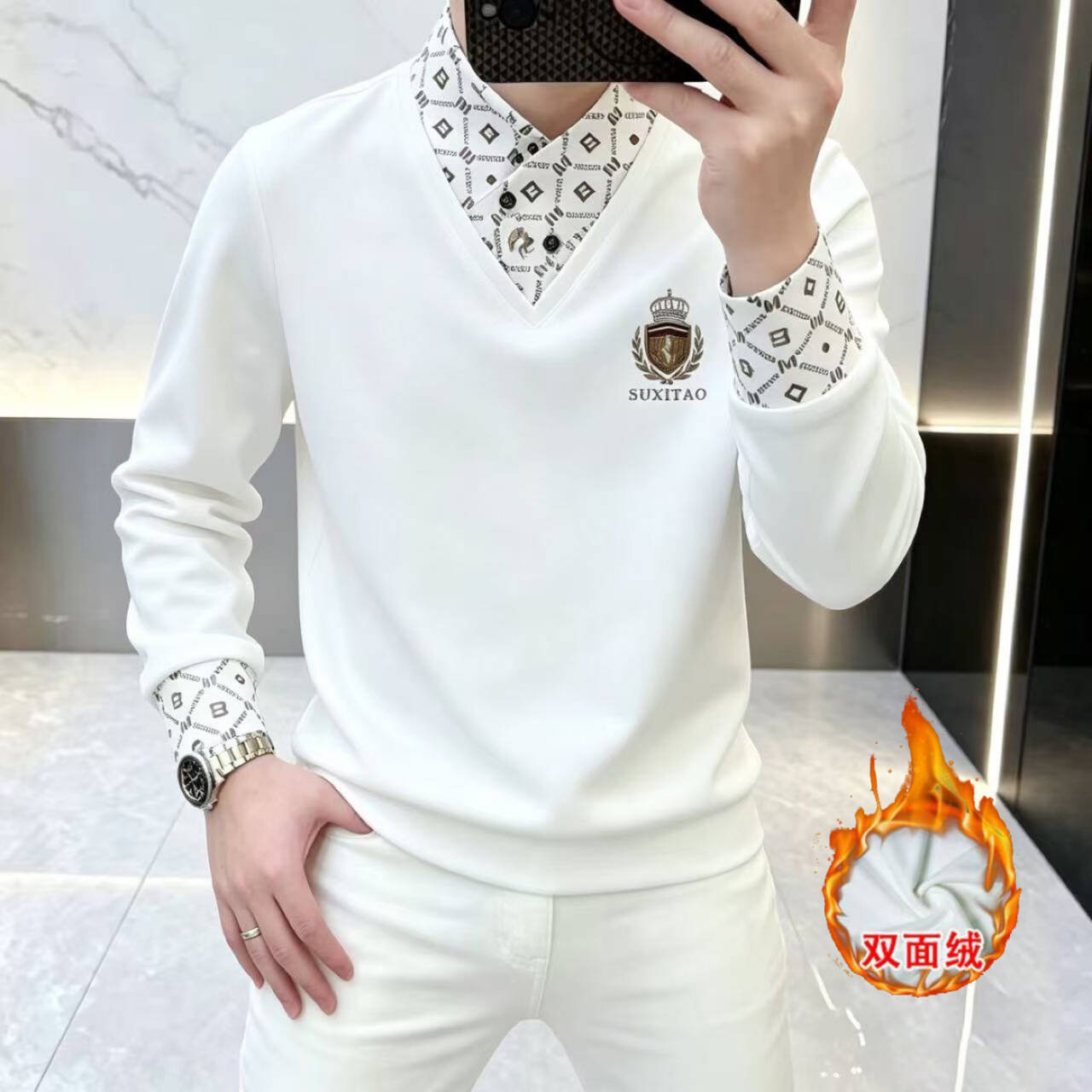 轻奢翻领假两件卫衣男老钱风双面德绒保暖体恤痞帅百搭加绒打底衫