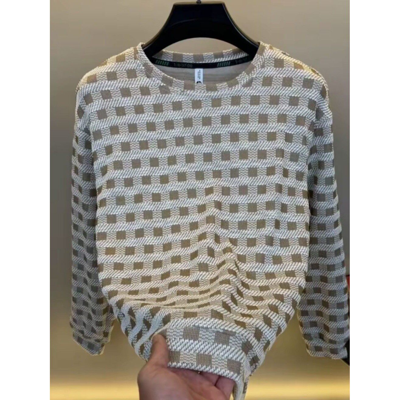 欧洲站老钱风圆领卫衣男轻奢潮牌格子拼色T恤痞帅百搭时尚春秋T恤