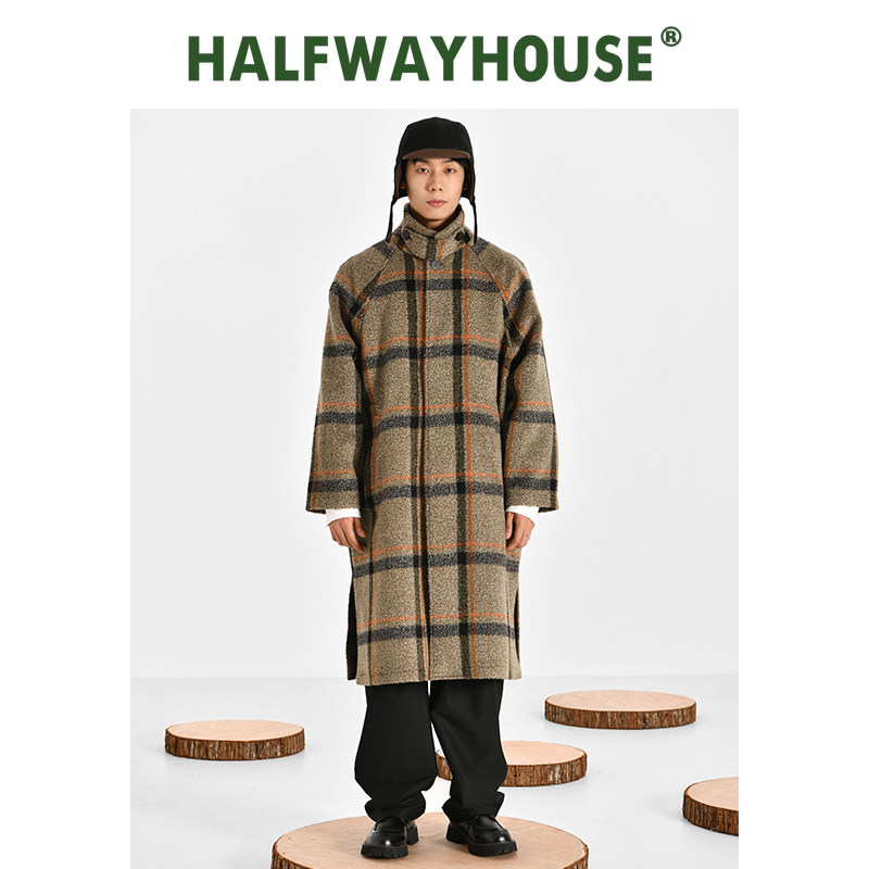 HalfwayHouse冬季长款撞色格纹立领休闲羊毛混纺复古保暖大衣男,男装,毛呢大衣,淘宝优惠券,粉丝福利购,淘宝优惠卷