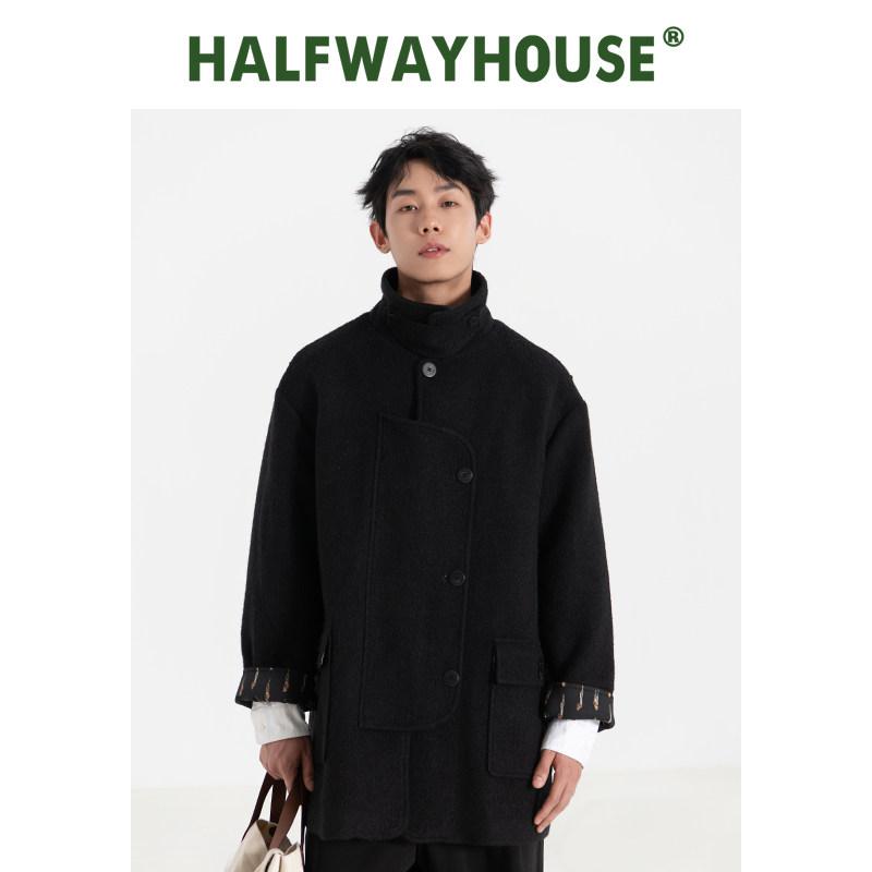 HalfwayHouse2025年冬季新款日系中性立领羊毛呢大衣口袋保暖外套