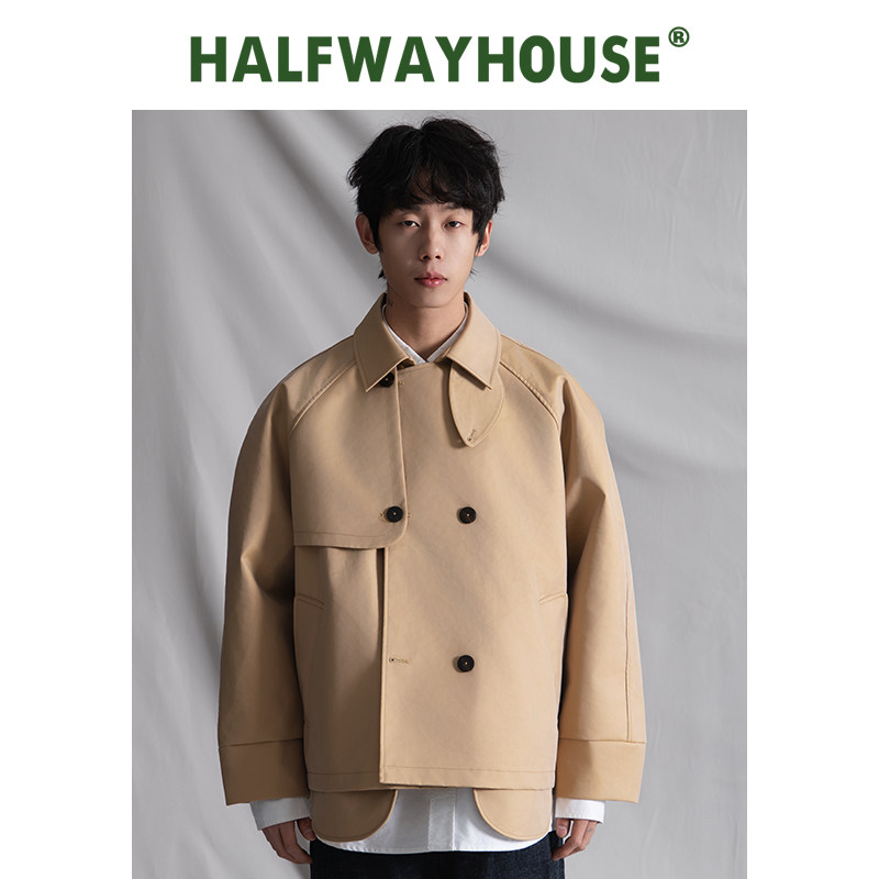 HalfwayHouse2025年日系秋季新款短款外套卡其色不规则拼接风衣男