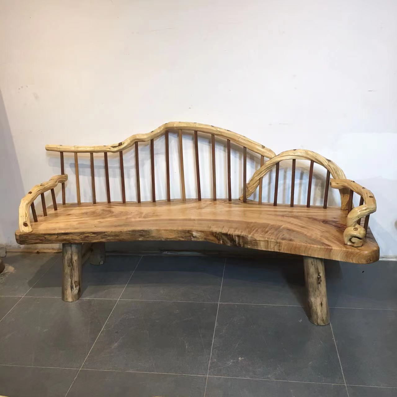 原生态实木三人沙发香樟木长椅藤条靠背独板异形客厅田园休闲躺椅