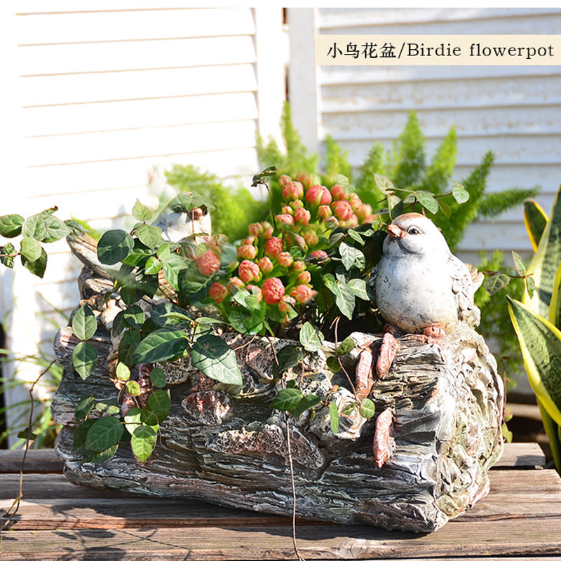 晓院花园新款创意庭院摆件阳台花园装饰花盆木桩花盆仿真动物母鸡