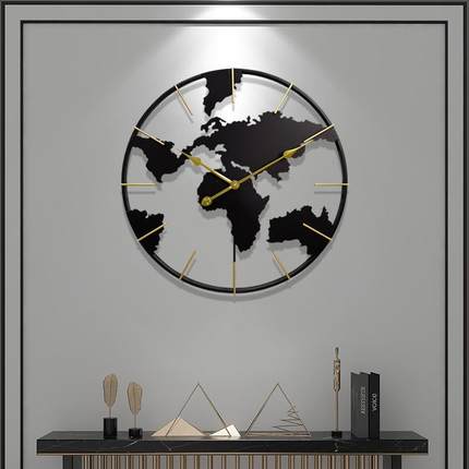 世界地图挂钟创意铁艺钟表简约现代挂墙静音石英钟