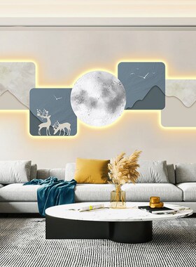 现代轻奢客厅装饰画ledu灯画高档氛围感沙发背景墙挂画福鹿发光画