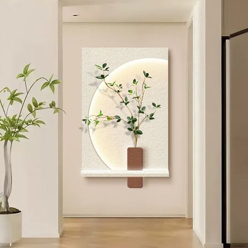 led立体d砂岩2024新款植物奶油侘寂风玄关装饰画客厅餐厅挂画壁灯