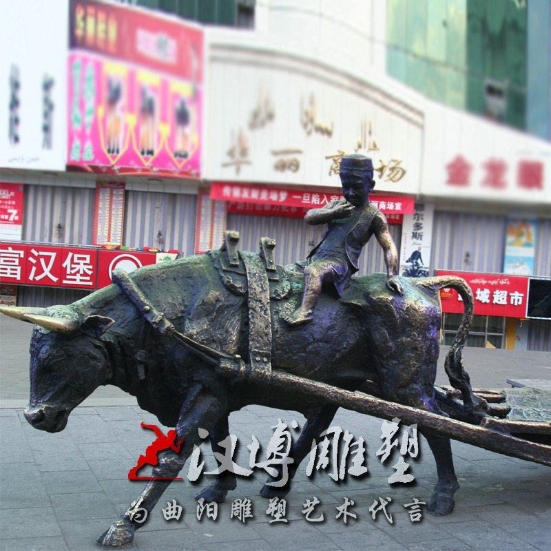 牧童骑牛雕塑玻i璃钢仿铜园林广场牧童骑牛雕塑景观小品雕塑定制