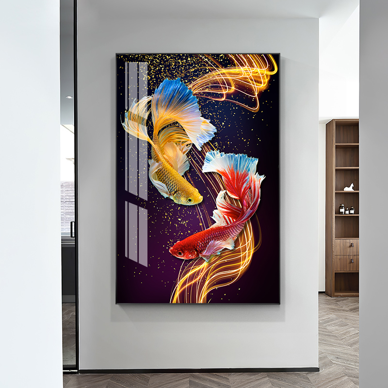 双鱼戏珠 玄关装饰画进门过道走廊尽头挂画客厅背景X墙面晶瓷壁画图片