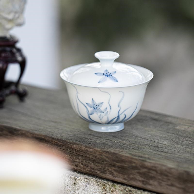 玉泥薄胎手绘水仙花陶瓷盖碗茶杯功夫茶具家O用素雅水仙花泡茶碗