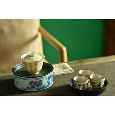 七月长景德镇陶瓷盖碗手书诗文雕刻F茶碗黄色茶具复古中式弥云斋