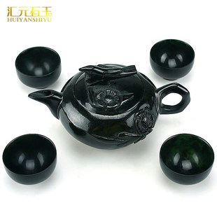 茶具摆件墨玉茶壶茶杯蛇纹石玉橄C榄绿陨石壶玉石玉器药王石祁连