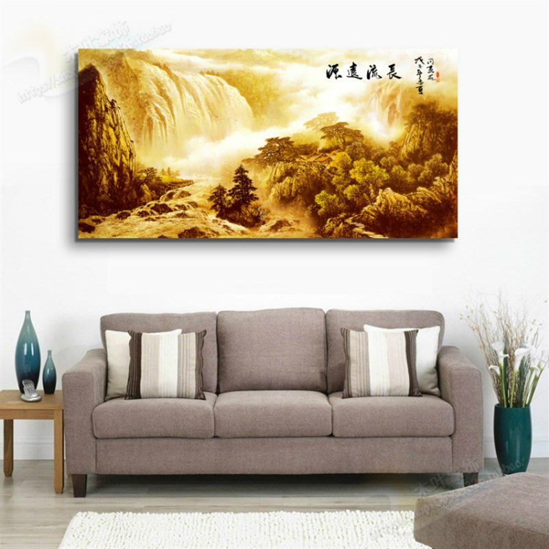 现代水墨家居山水背景装饰墙壁画长流远I源挂卧室床头画餐厅无框图片