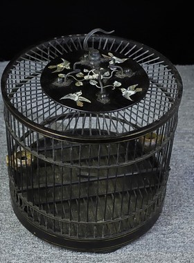 古玩旧藏家具旧藏黑檀木镶贝壳圆鸟笼古玩旧N藏老货鸟笼花梨木笼