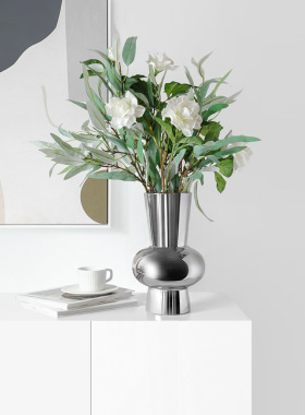 现代简约陶瓷电镀银色花器v花瓶摆件欧式样板房售楼处玄关软装饰