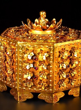 古玩老货珍藏唐代铜鎏金六边盒经H书一箱摆件送礼收藏佳品