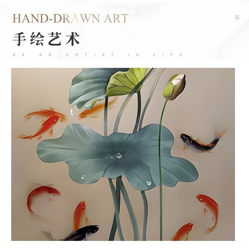 荷花九鱼图玄关装饰画p手绘油画竖版新中式入户正对门走廊玄关挂