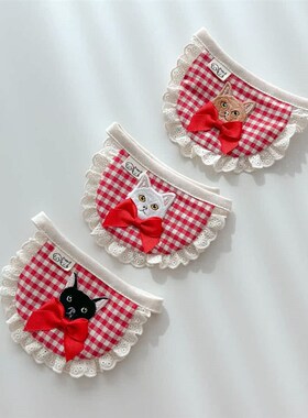 Lazy Pet韩o国宠物猫狗红黑格纹猫脸蝴蝶结蕾丝荷叶边围兜
