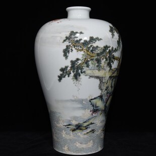 书房客厅摆放雍正年制款景德镇粉彩瓷福O山寿海纹大梅瓶摆件