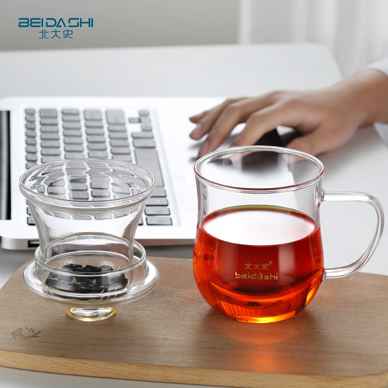 北大史茶水分离泡茶杯口杯v水杯子女玻璃杯带把喝水家用有盖办公