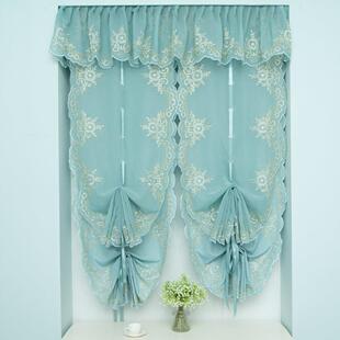 蓝绿色绣花短帘半帘纱 气球帘提拉帘现代纱帘飘窗罗马帘升降窗帘