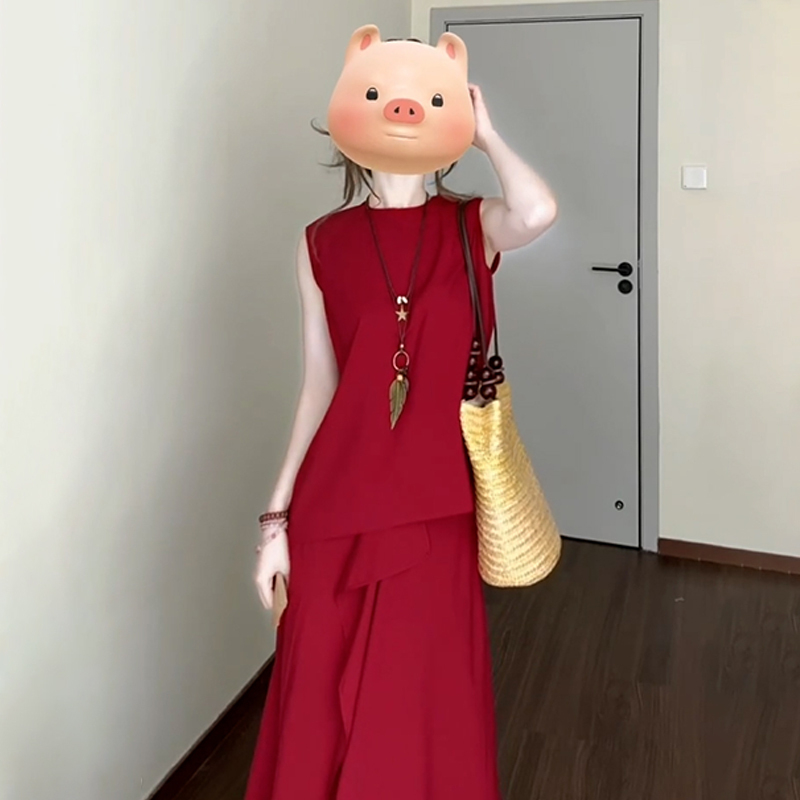 法式红色无袖背心连衣裙